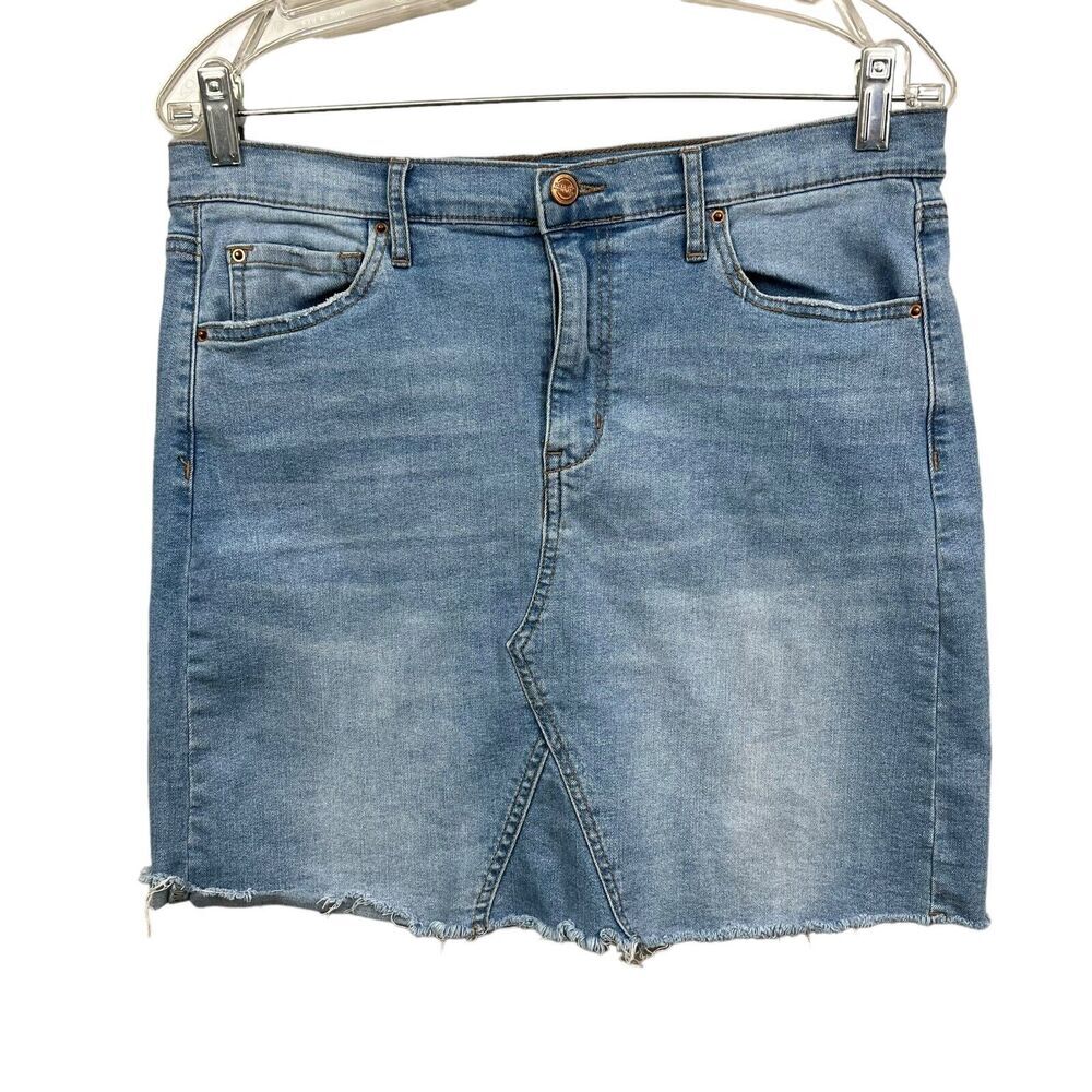 Nanette Lepore Womens Denim Mini Skirt Stretch Raw Hem Zipper Pockets Blue Sz 8*